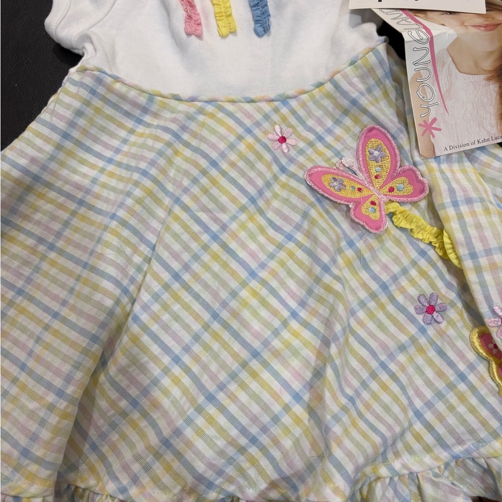 Youngland Pastel Plaid Dress with Butterfly Accent